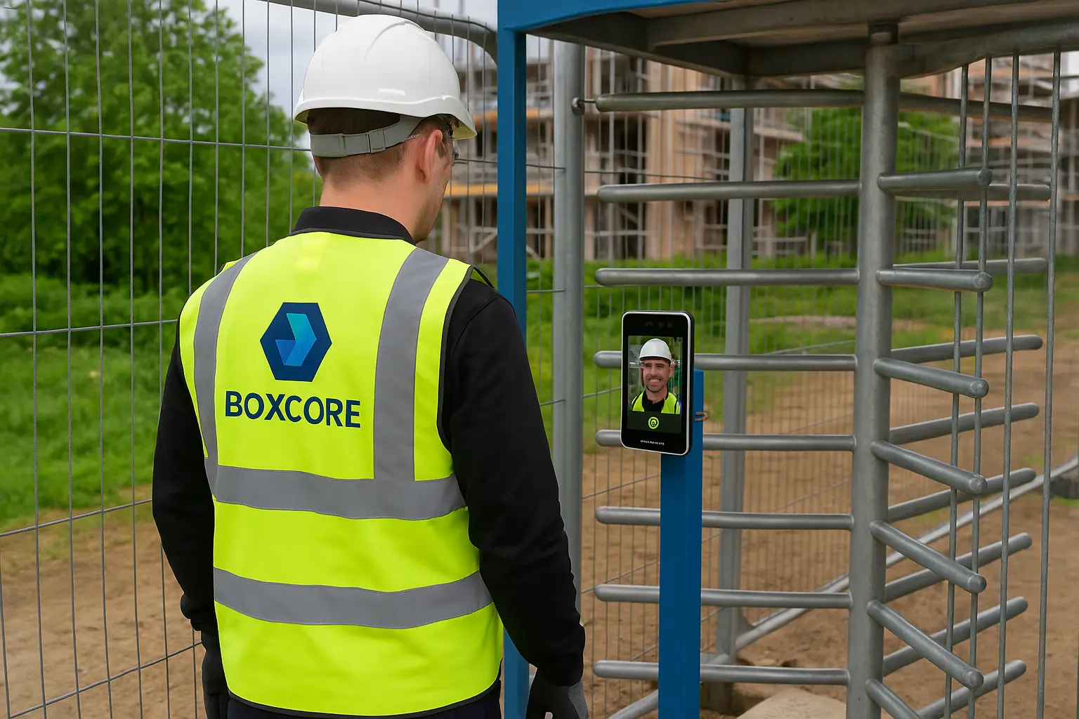 Construction Worker on project with turnstile and facial recognition camera