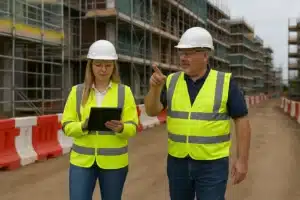 Site Superintendennt and Safety Officer Completing a safety inspection on a construction project using a health and safety software app