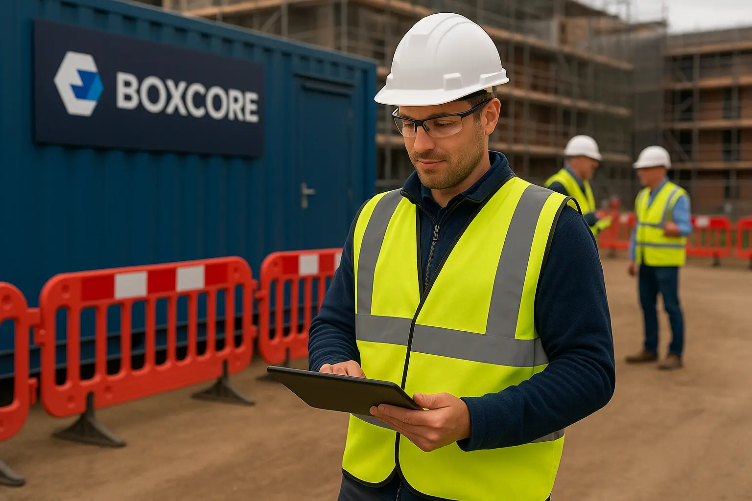 Construction Manager Walking on site in a hi Vis Vert with a mobile tablet using software