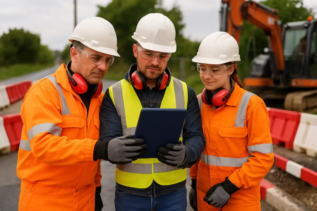Three construction workers in safety gear, including helmets and gloves, look at a tablet together at a roadside construction site with barriers and an excavator in the background.