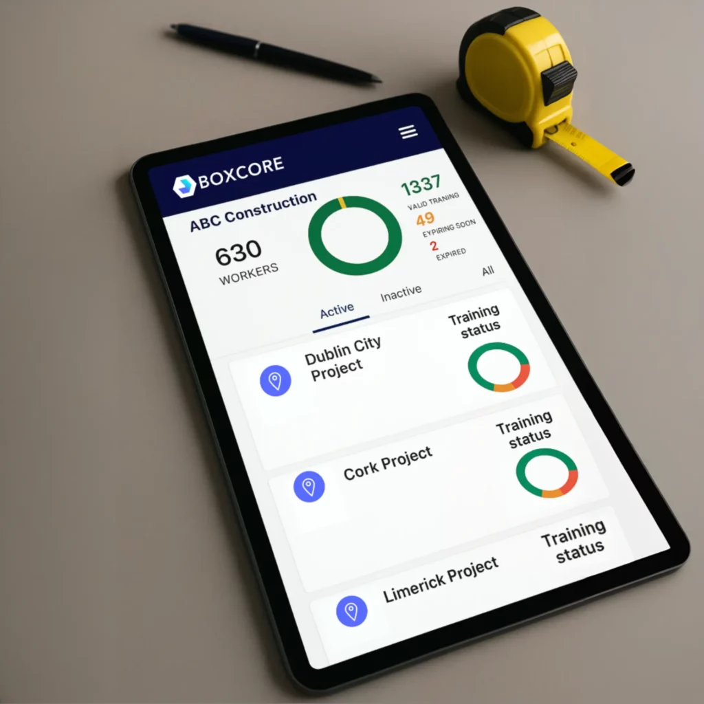 Tablet on a desk displaying a workforce management dashboard for "ABC Construction" with project updates and training status. Nearby are a pen and a tape measure.