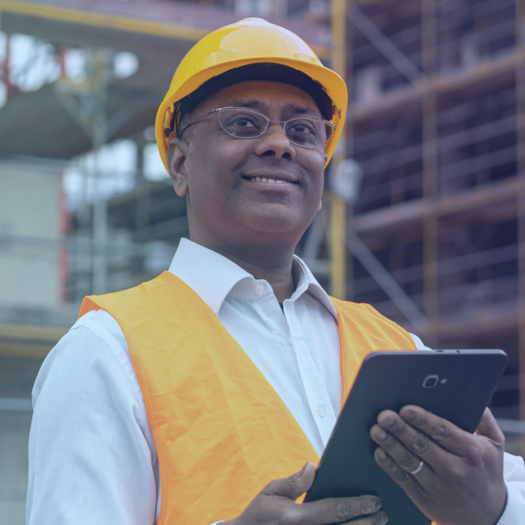 a man standing on a construction site with a tablet