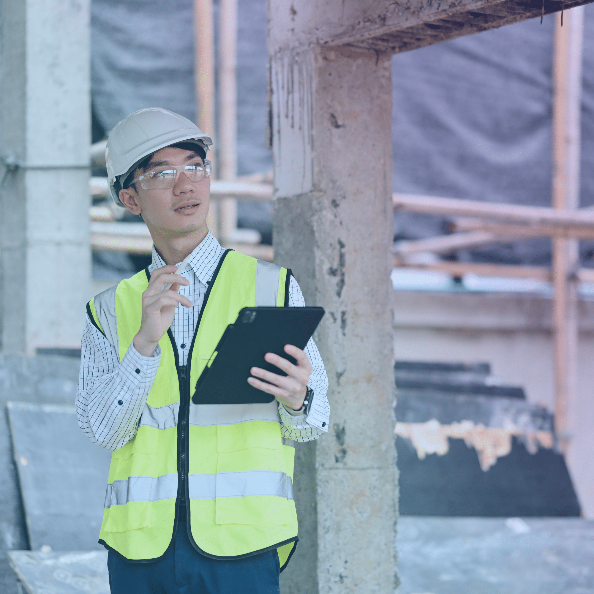 construction worker on site with a tablet