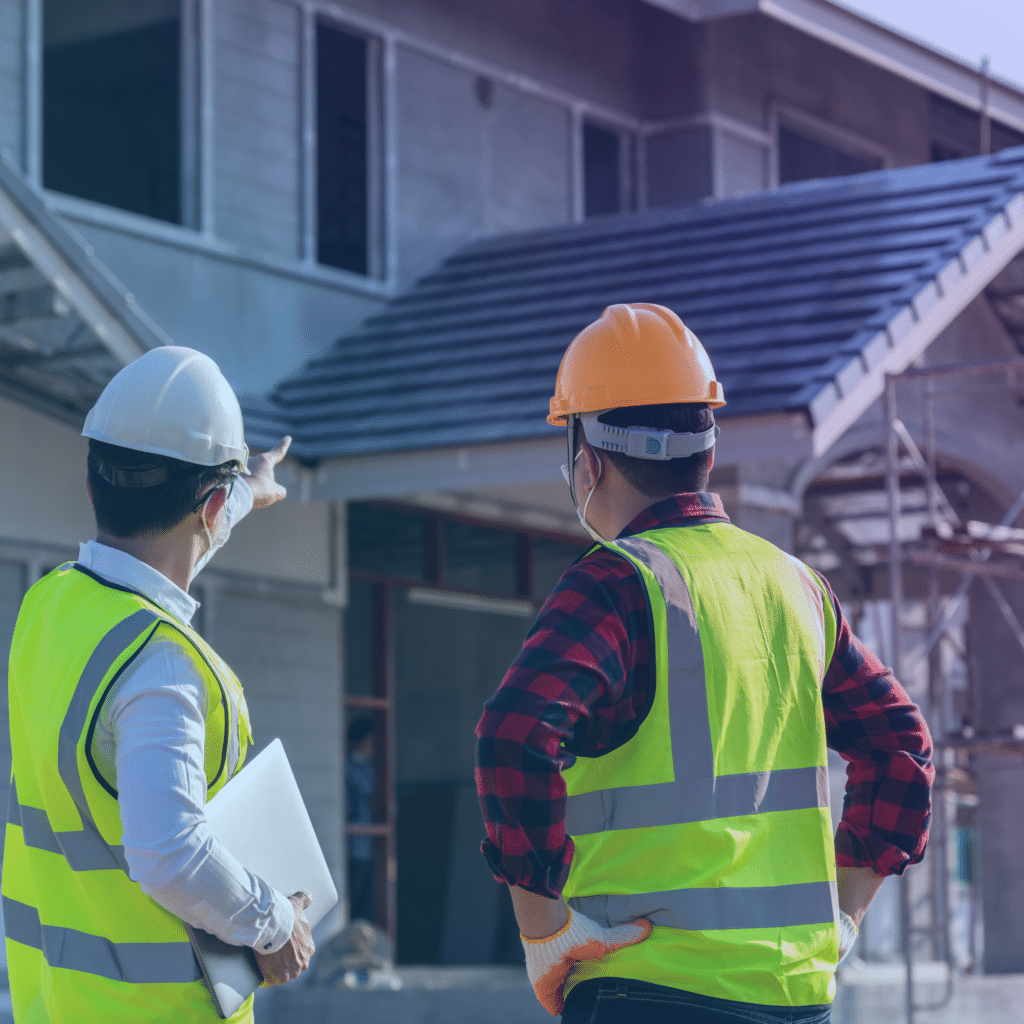 2 workers looking at the constructed house construction