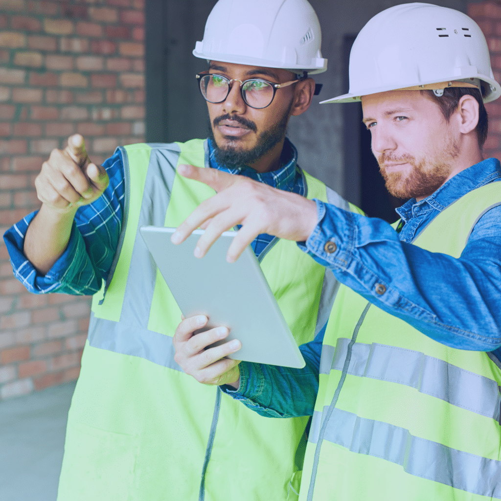 two construction workers on a tablet