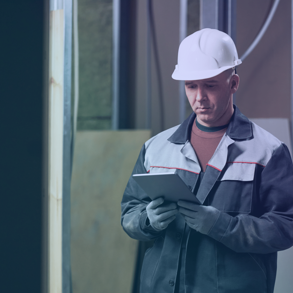 man on construction site using her tablet