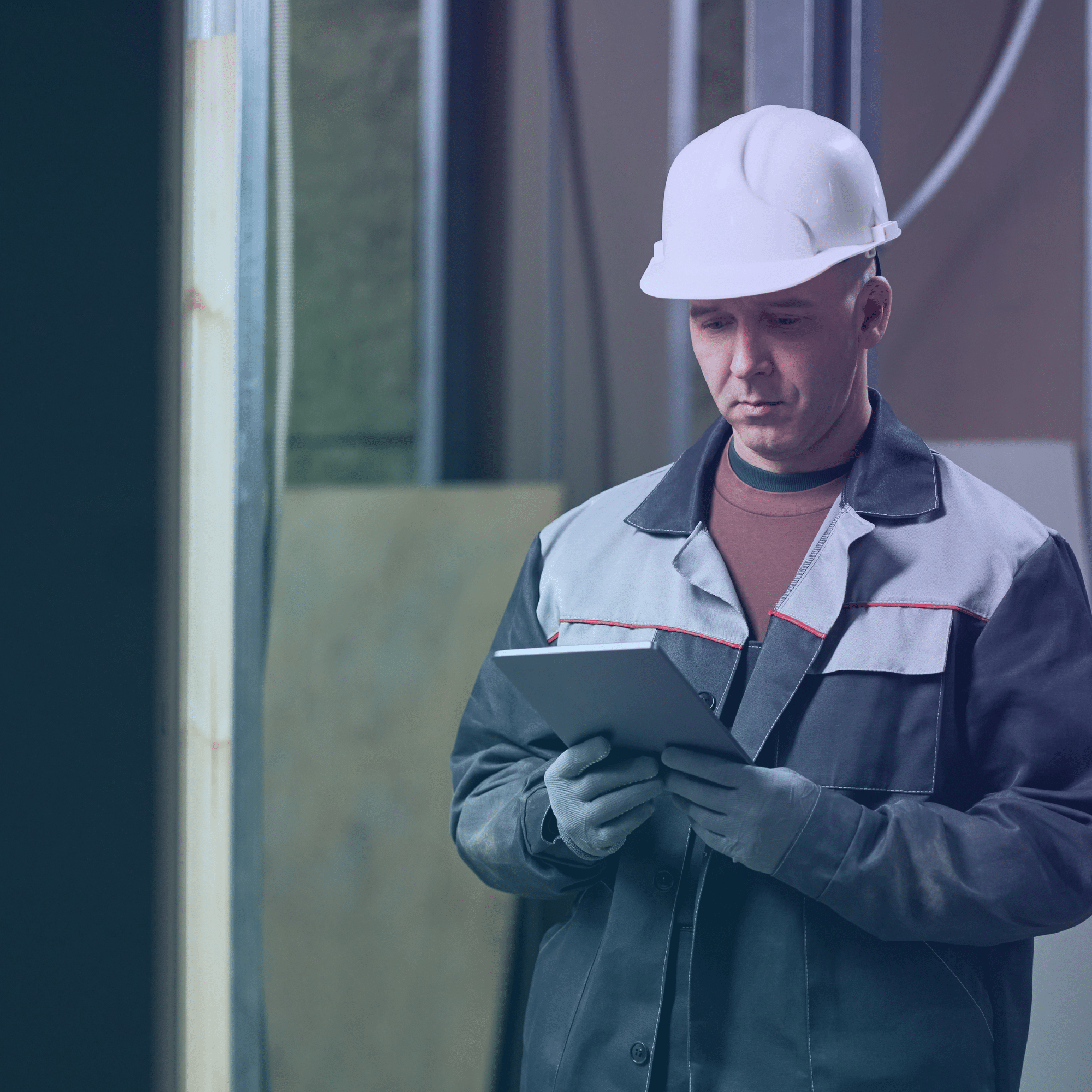 man on construction site using her tablet