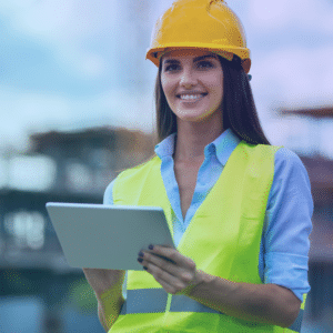 woman on tablet in a high vis jaccket