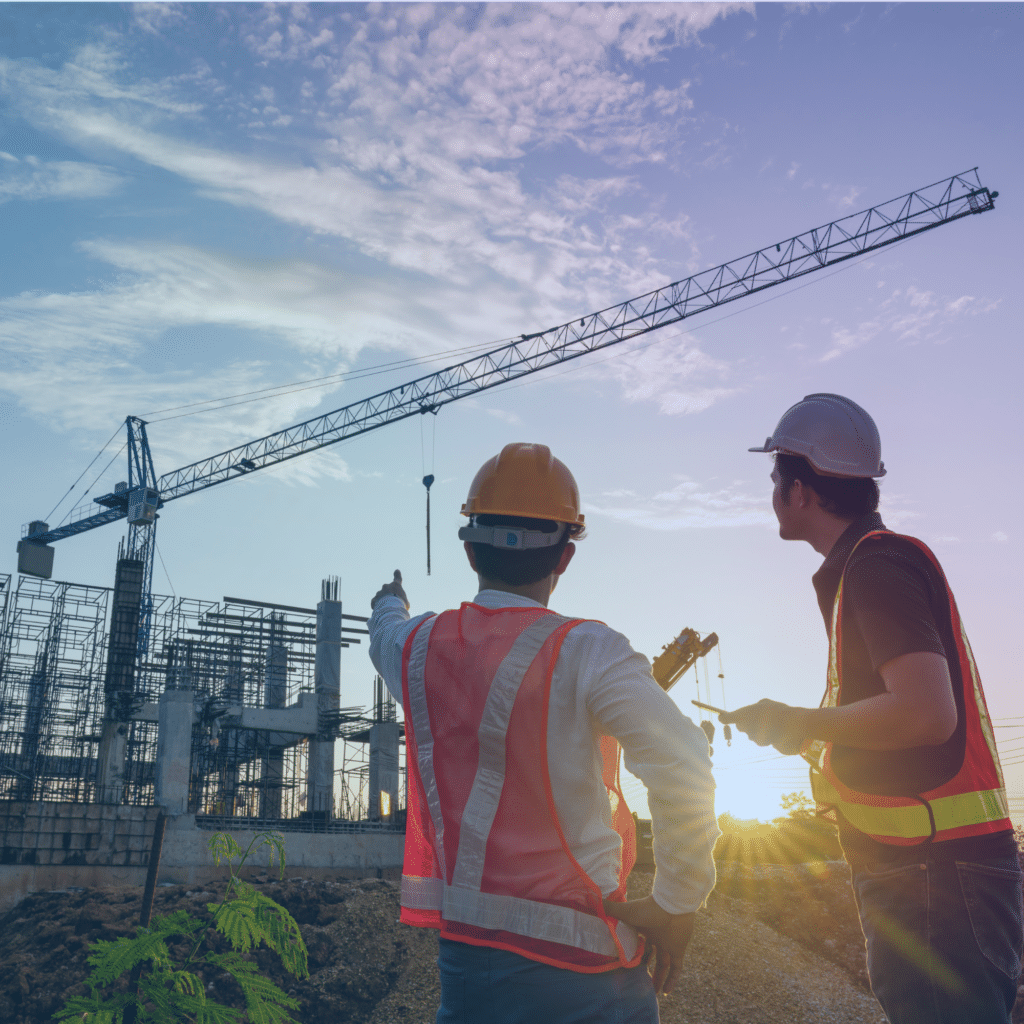 2 civil engineers pointing at a construction site